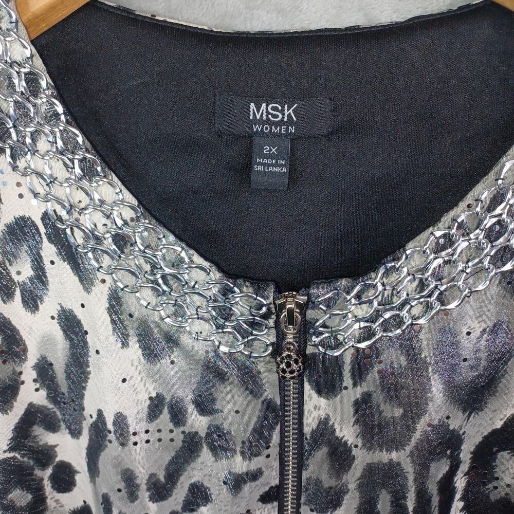 MSK Women 2X Plus Leopard Animal Print Metallic Chain Zip Front Top Glam Chic - Picture 5 of 12
